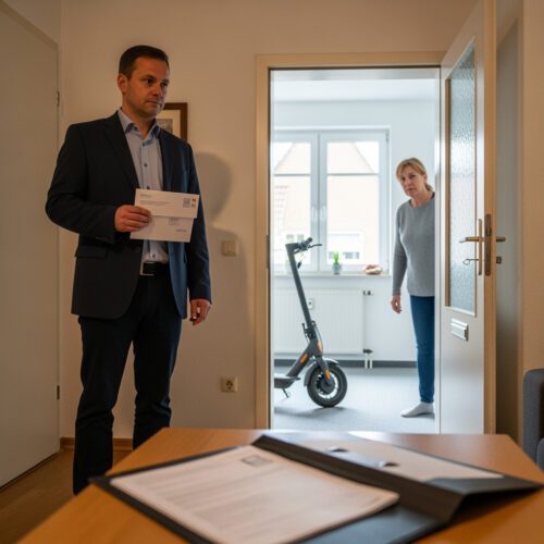 Ein Beamter konfrontiert eine Bewohnerin mit der Anordnung zur Wohnungsdurchsuchung. Sie pocht auf ihr Grundrecht der Unverletzlichkeit.